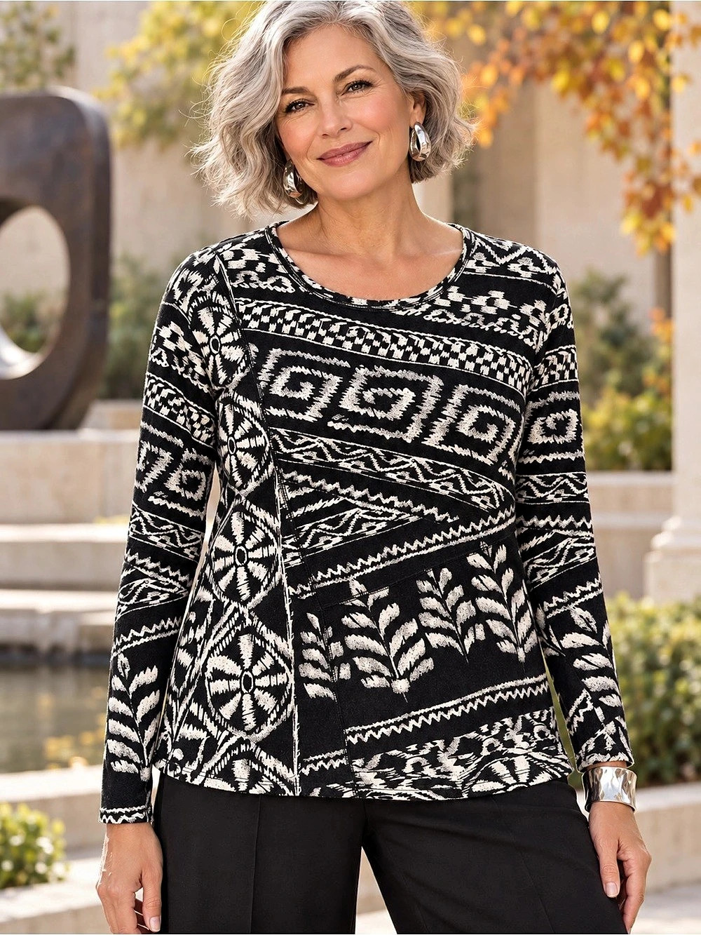 Chico’s Black & White Mixed Print Cotton Patchwork Top Size 1 Medium